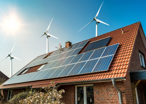 Sonnenkollektoren auf dem Dach von Haus- und Windturbinen – Konzept der nachhaltigen Ressourcen - Bild: @shutterstock|Diyana Dimitrova