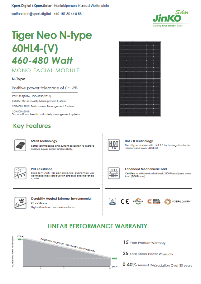 Jinko Solar | Tiger Neo | N-Type | 60HL4-(V) | 460-480 Watt