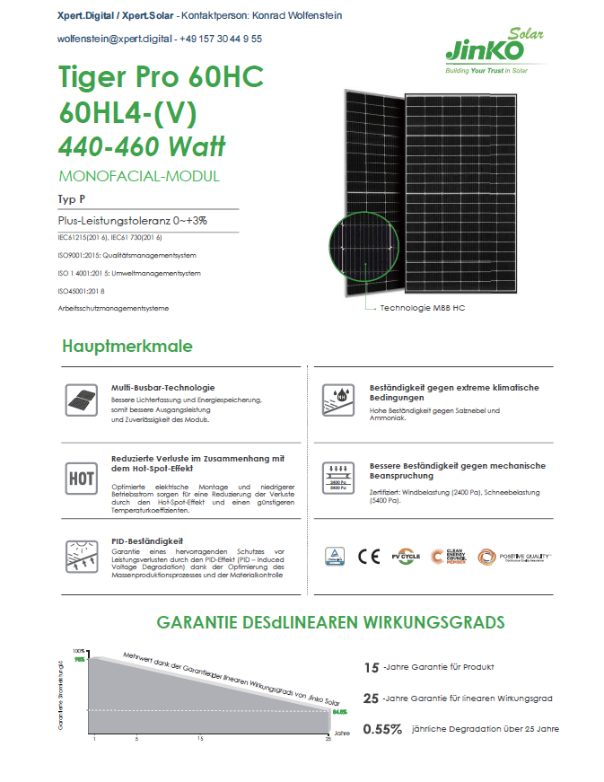 Jinko Solar | Tiger PRO | 60HC | 60HL4-(V) | 440, 445, 450, 455 und 460 Watt