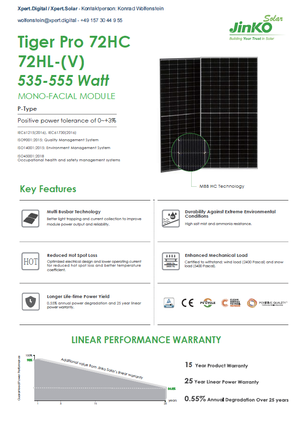 Jinko Solar | Tiger PRO | 72HC | 72HL-(V) | 535, 540, 545, 550 und 555 Watt