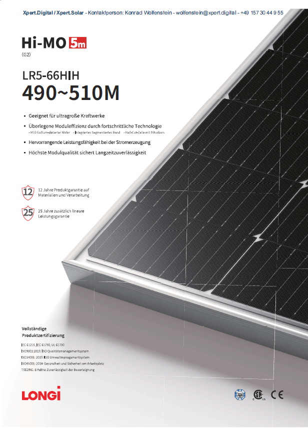 Longi Solar | Hi-MO 5m (G2) | LR5-66HIH | 490~510M | 490, 495, 500, 505 und 510 Watt – PDF Datenblatt