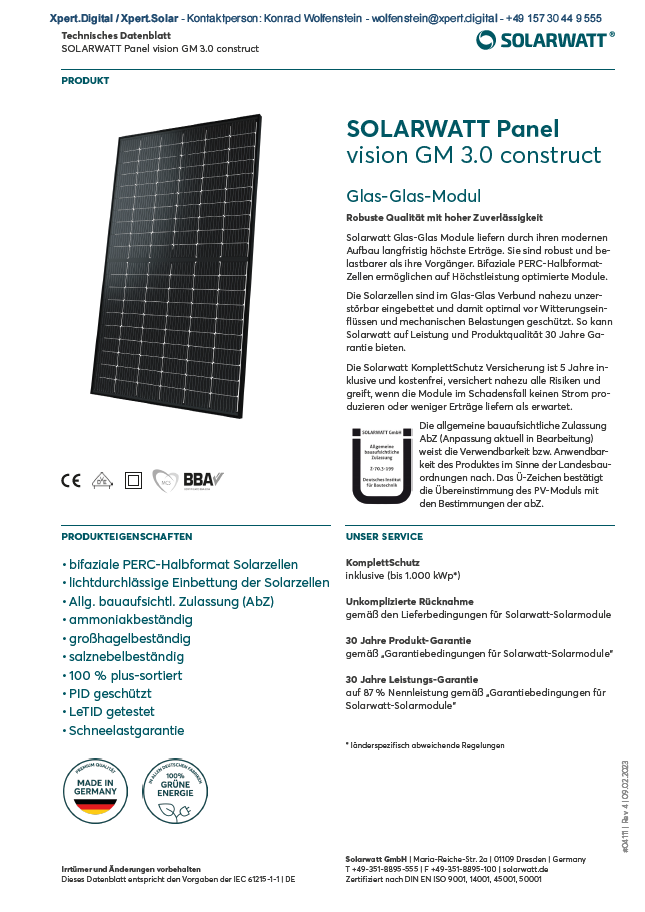 Solarwatt | vision GM 3.0 construct | 360-370 Watt | PDF Datenblatt