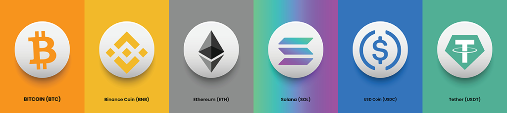 Set von Kryptowährungen für virtuelle, dezentralisierte Zahlungskonzept: Bitcoin (BTC), Binance Coin (BNB), Ethereum (ETC), Solana (SOL), USD Coin (USDC) und Tether (USDT)