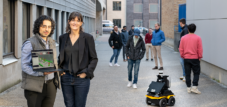 Researcher Sepehr Samavi and Prof. Angela Schoellig next to robots Jack