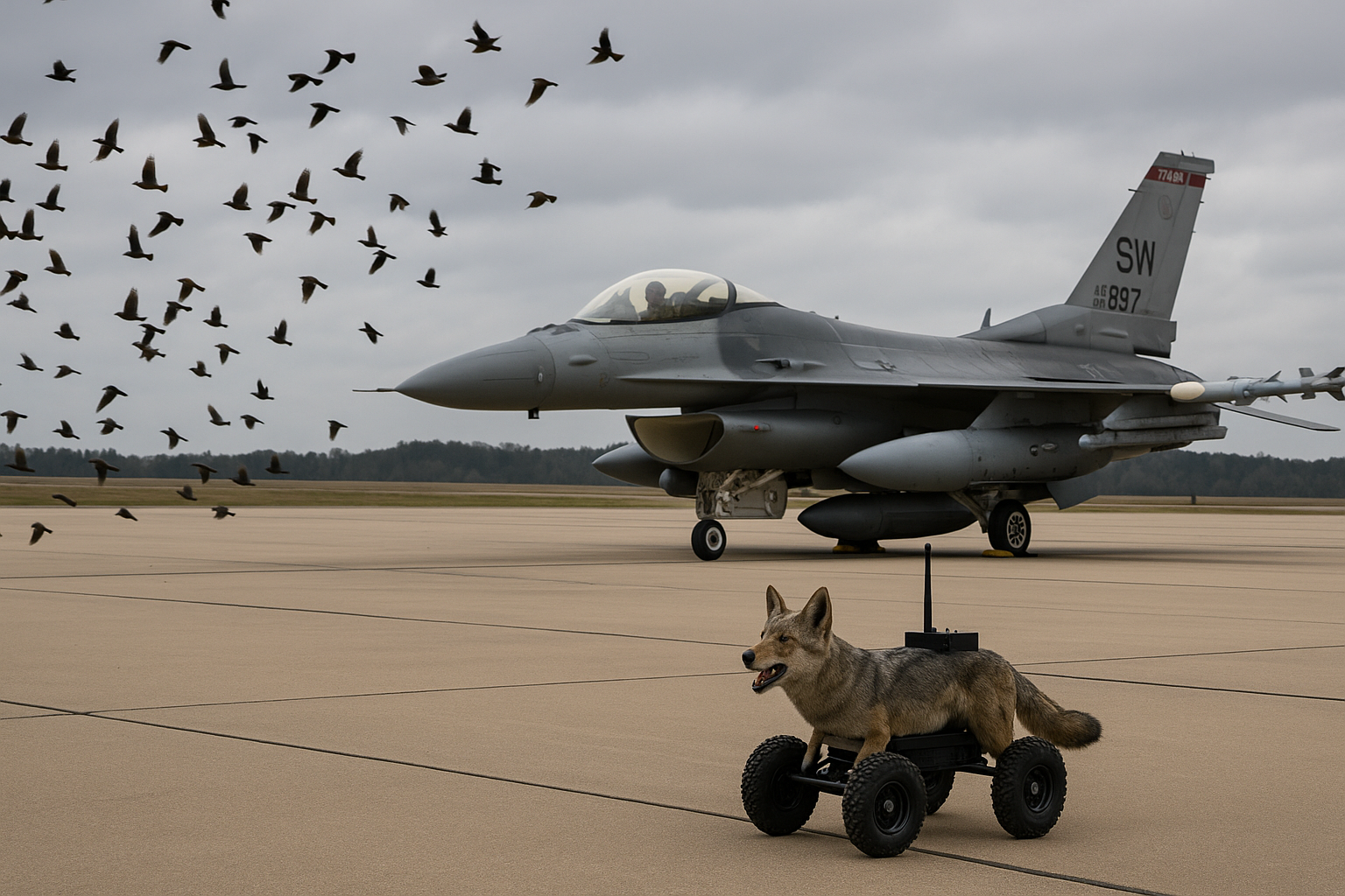 Millions of damage caused by birds: no joke, so remote-controlled Coyote Rovers are now chasing over the airfields of the US combat jets