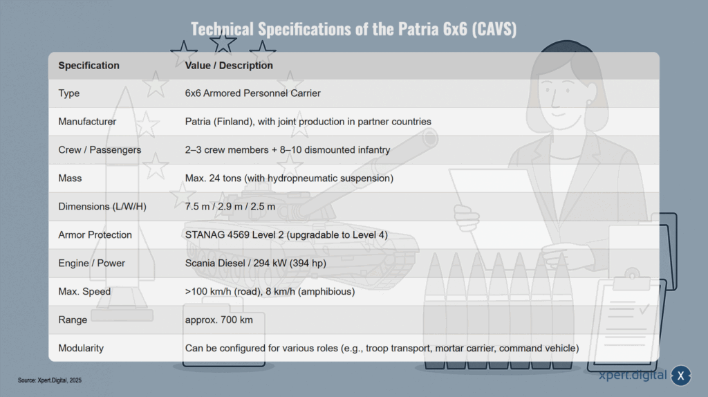Technische Spezifikationen des Patria 6x6 (CAVS)