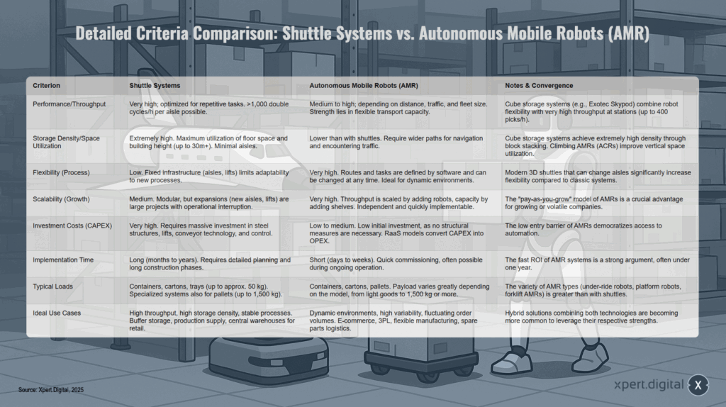 Detaillierter Kriterienvergleich: Shuttle-Systeme vs. Autonome Mobile Roboter (AMR)