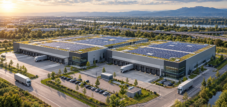 Complejo logístico moderno en Rastatt con dos naves, acceso para camiones, paneles fotovoltaicos y vistas al Alto Rin