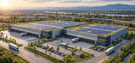 Moderner Logistikstandort in Rastatt mit zwei Hallen, Lkw-Zufahrten, Photovoltaik und Oberrhein-Kulisse